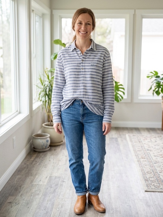 Marine Layer Denim - Marine Layer Size Large Blue White Stripe Pullover Collared Shirt Women 100%cott